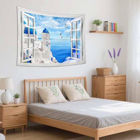 Window View Tapestry Aegean Sea, Greece Santorini | Creativity Aesthetic Natural Scenery Wall Hanging for Bedroom, Living Room & Dorm Decor | Premium Lightweight Polyester 59x39inch in Saudi Arabia