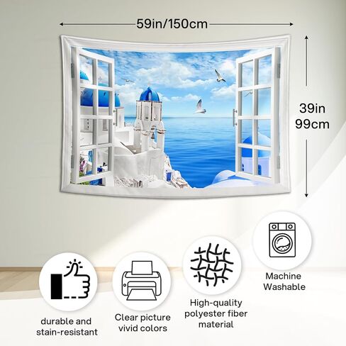 Window View Tapestry Aegean Sea, Greece Santorini | Creativity Aesthetic Natural Scenery Wall Hanging for Bedroom, Living Room & Dorm Decor | Premium Lightweight Polyester 59x39inch in Saudi Arabia