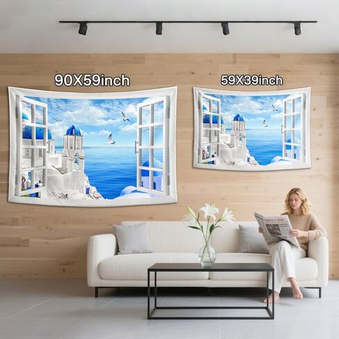 Window View Tapestry Aegean Sea, Greece Santorini | Creativity Aesthetic Natural Scenery Wall Hanging for Bedroom, Living Room & Dorm Decor | Premium Lightweight Polyester 59x39inch in Saudi Arabia