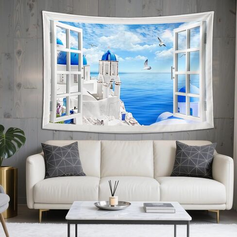 Window View Tapestry Aegean Sea, Greece Santorini | Creativity Aesthetic Natural Scenery Wall Hanging for Bedroom, Living Room & Dorm Decor | Premium Lightweight Polyester 59x39inch in Saudi Arabia