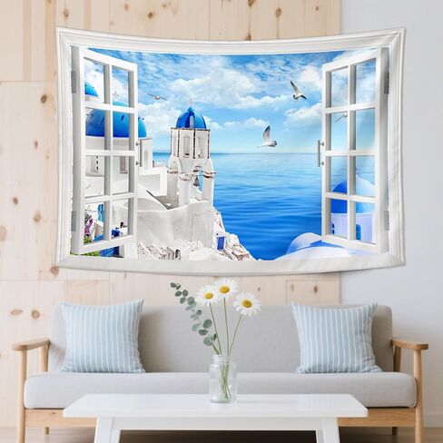 Window View Tapestry Aegean Sea, Greece Santorini | Creativity Aesthetic Natural Scenery Wall Hanging for Bedroom, Living Room & Dorm Decor | Premium Lightweight Polyester 59x39inch in Saudi Arabia