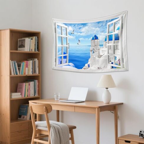 Window View Tapestry Aegean Sea, Greece Santorini | Creativity Aesthetic Natural Scenery Wall Hanging for Bedroom, Living Room & Dorm Decor | Premium Lightweight Polyester 59x39inch in Saudi Arabia