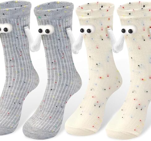 2 Pairs Birthday Holding Hands Socks Funny Magnetic 3D Doll Couple Sock Grey White Magnetic Holding Hands Socks for Women Men Family Supplies in Saudi Arabia