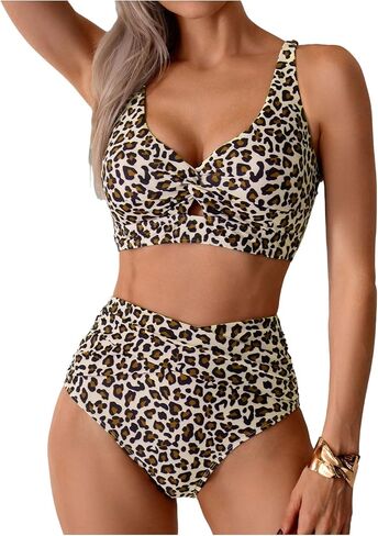 GORGLITTER Women's Cheetah Print High Waisted Bikini Set Y2K Cheeky Animal Leopard Halter Swimsuit Bathing Suit Swim in Kuwait