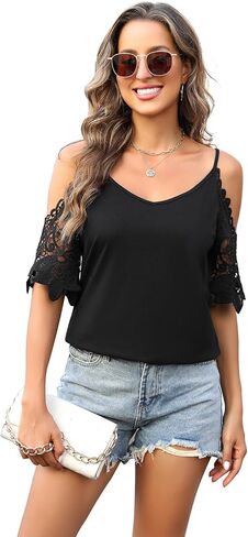 Women Summer Short Sleeve Shirt Lace Short Sleeve Cut Out Blouse Cold Shoulder Solid Color Fashion Casual Top Tees Black in Kuwait