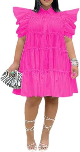 فستان قميص نسائي نصف كم بياقة على شكل طية صدر من CCIGO بلون سادة وأزرار سفلية in Kuwait