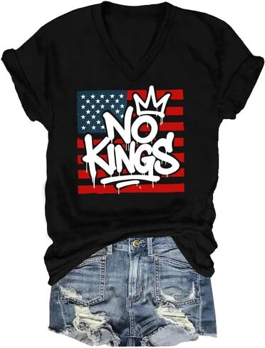 No Kings V Neck Shirt No Kings in America T-Shirt Patriotic US Flag Graphic Tops in Saudi Arabia