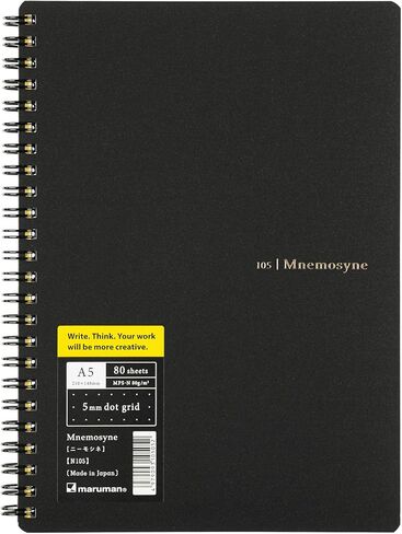 Maruman Mnemosyne Dot Grid Notebook- A5, 8.27" x 6.34", 80 Sheets / 160 Pages, 5mm Dotted Journal, Perforated Pages & Wire-Bound to Lay Flat, Black, Made in Japan in Saudi Arabia