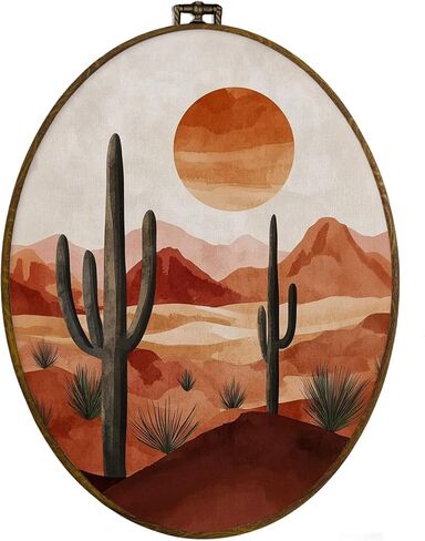 dvhdajed Western Desert Landscape Oval Wall Art Decor, Southwestern Cactus Desert Framed Canvas Art, Vintage Boho Western Oval Wall Hanging Decor for Living Room, Deserts Decorations, 8.7x11.3 Inch in Kuwait