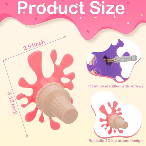 BreezeHug 4 Pcs Ice Cream Wall Decor 3D Melting Drip Ice Cream Cone Art Decor Wall Hook for Summer Themed Home, Living Room, Bedroom, Birthday, Party, with Adhesive & Screw(Coffee, White, Red, Purple) in Saudi Arabia