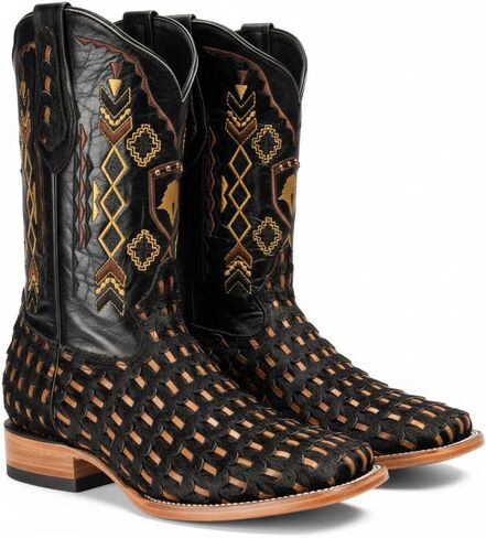 Joe Boots Men’s Handwoven Cow Hair Genuine Leather Western Rodeo Cowboy Boots – Square Toe, Woven Vamp, 10" Embroidered Shaft, Double Life Sole in Kuwait