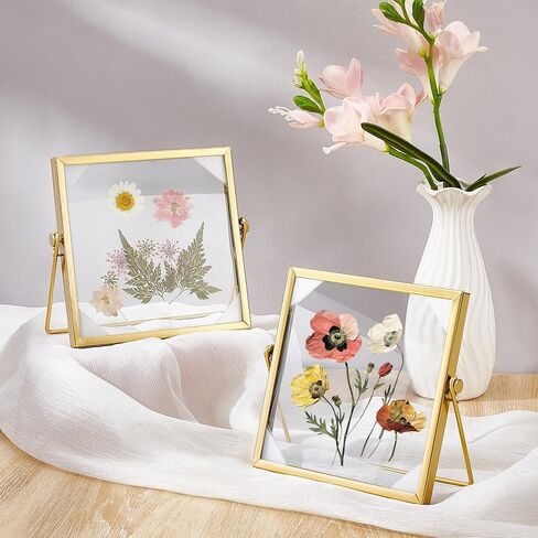 4Pcs Pressed Flower Frame, Double Glass Frame for Pressed Flowers Handmade, 6x6 Inches Clear Glass Picture Frames, Gold Floating Frames for Press Flower Tabletop Display DIY Birthday Gift in Kuwait
