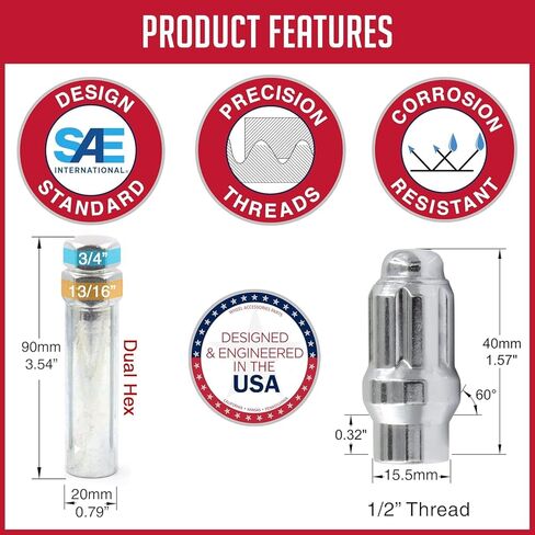 Wheel Accessories Parts 20 Pcs 1/2" Thread ET Bulge Acorn (Extra Thread for Spacers) 1.57" Long Spline Lug Nut Chrome Spline Fits Ford Mustang 1965 to 2014 and Many Vintage Dodge Chevy Ford Vehicles in Saudi Arabia