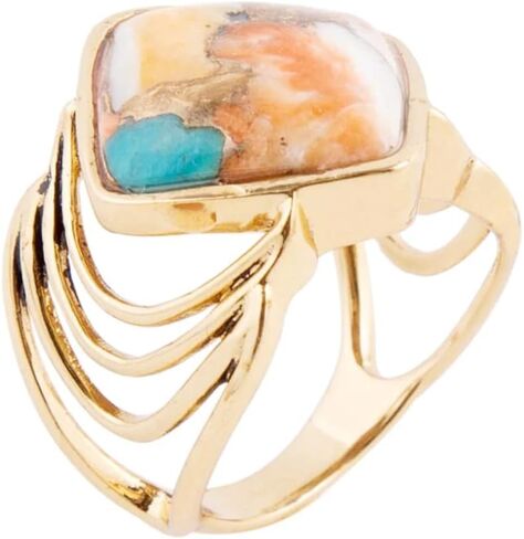 Barse Jewelry Arrows Blue Turquoise and Orange Spiny Oyster Matrix Golden Ring in Kuwait