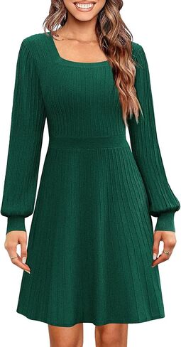Miladusa فستان بطول الركبة للنساء فستان سترة بأكمام طويلة 2024 رقبة مربعة مضلع محبوك مطوي فستان ملابس أخضر L in Kuwait