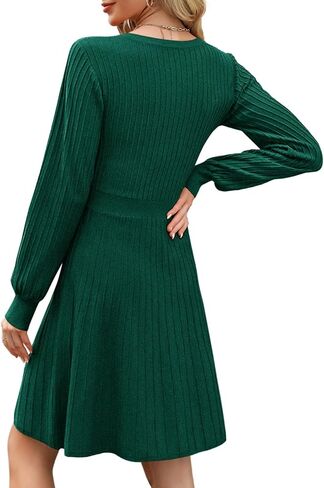 Miladusa فستان بطول الركبة للنساء فستان سترة بأكمام طويلة 2024 رقبة مربعة مضلع محبوك مطوي فستان ملابس أخضر L in Kuwait