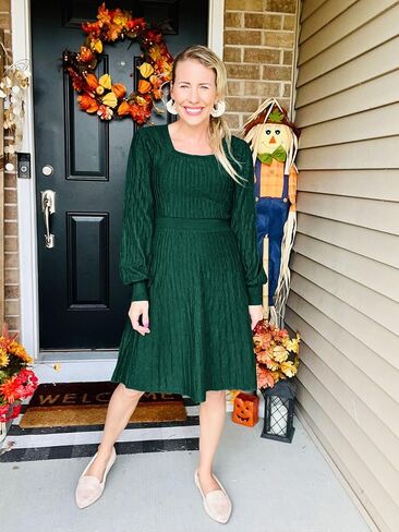 Miladusa فستان بطول الركبة للنساء فستان سترة بأكمام طويلة 2024 رقبة مربعة مضلع محبوك مطوي فستان ملابس أخضر L in Kuwait