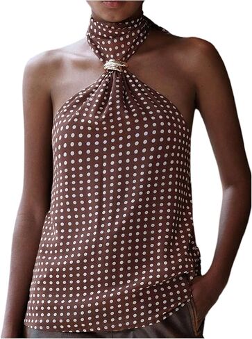 Verdusa Women's Polka Dots Tie Backless Chiffon Halter Top Vintage Going Out Tops in Saudi Arabia