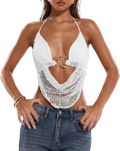 Women's Crochet Halter Crop Tank Top Open Back Tie Metal Ring Rave Sexy Y2K Going Out Tops for Women Party Club in Kuwait