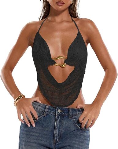 Women's Crochet Halter Crop Tank Top Open Back Tie Metal Ring Rave Sexy Y2K Going Out Tops for Women Party Club in Saudi Arabia