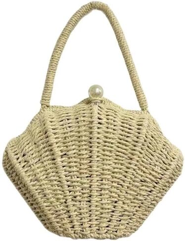 Straw Shell Pearl Handheld Bag for Women, Summer Vacation Style Woven Bag,Crossbody Straps for Handbags,Clutch Purses，Gifts for Women(White) in Saudi Arabia