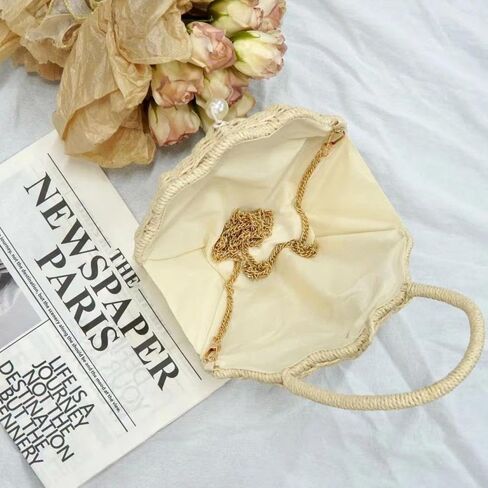 Straw Shell Pearl Handheld Bag for Women, Summer Vacation Style Woven Bag,Crossbody Straps for Handbags,Clutch Purses，Gifts for Women(White) in Saudi Arabia