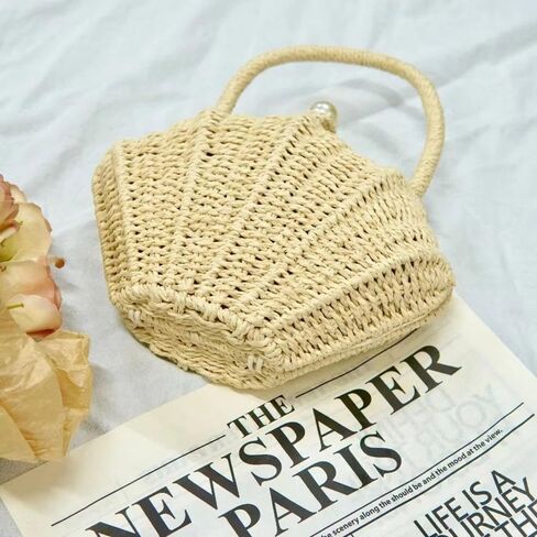 Straw Shell Pearl Handheld Bag for Women, Summer Vacation Style Woven Bag,Crossbody Straps for Handbags,Clutch Purses，Gifts for Women(White) in Saudi Arabia