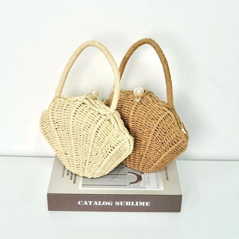 Straw Shell Pearl Handheld Bag for Women, Summer Vacation Style Woven Bag,Crossbody Straps for Handbags,Clutch Purses，Gifts for Women(White) in Saudi Arabia