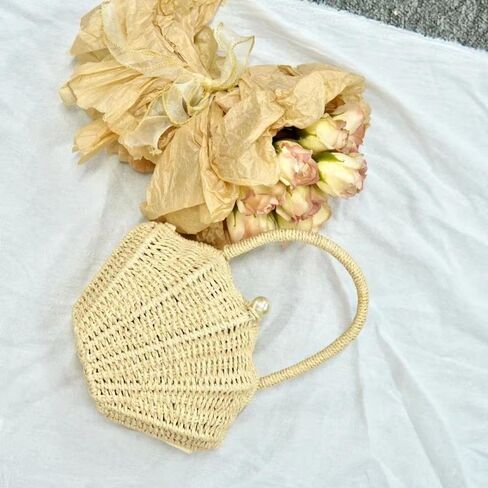 Straw Shell Pearl Handheld Bag for Women, Summer Vacation Style Woven Bag,Crossbody Straps for Handbags,Clutch Purses，Gifts for Women(White) in Saudi Arabia
