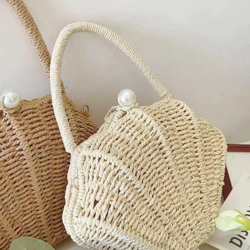 Straw Shell Pearl Handheld Bag for Women, Summer Vacation Style Woven Bag,Crossbody Straps for Handbags,Clutch Purses，Gifts for Women(White) in Saudi Arabia
