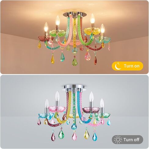 ثريات شموع للأطفال بخمسة مصابيح، تصميم عصري على شكل حلوى، تركيبات إضاءة قابلة للتركيب لغرفة النوم وغرفة الطعام والمطبخ والحمام، عمق 22 × ارتفاع 16 بوصة، لمسة نهائية بلون قوس قزح شفاف وكريستال K9 in Kuwait