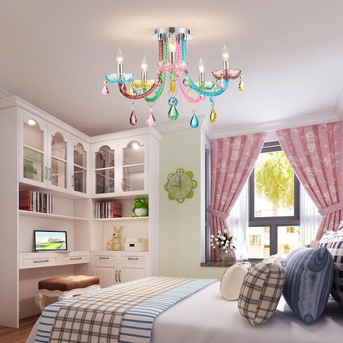 ثريات شموع للأطفال بخمسة مصابيح، تصميم عصري على شكل حلوى، تركيبات إضاءة قابلة للتركيب لغرفة النوم وغرفة الطعام والمطبخ والحمام، عمق 22 × ارتفاع 16 بوصة، لمسة نهائية بلون قوس قزح شفاف وكريستال K9 in Kuwait