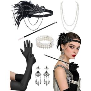 1920s Flapper Roraing 20s Costume Accessories Set – Flapper Feather Headband, Earrings, Pearl Necklace Bracelet in Kuwait