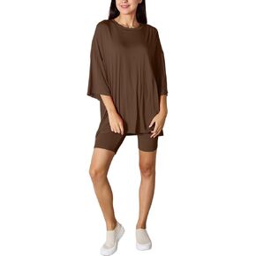 Women's Casual Two-Piece Set Solid Color Oversized Top With Three-Quarter Sleeves And Soft Comfy Shorts Round Neck in Saudi Arabia