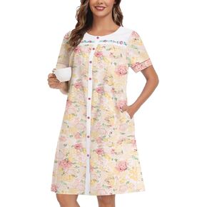 YOZLY 100% Cotton Housecoat for Women Short Sleeve Embroidered Duster Robe Button Front with Pockets House Dress S-3XL in Kuwait