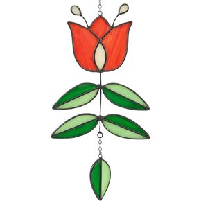 Vintage Flower Stained Glass Window Hanging, Mid Century Tulip Suncatcher, Modern Art with Folk Design, Handmade Sun Catcher Gifts for Plant Lovers, 9.4" x 4.7" in Saudi Arabia