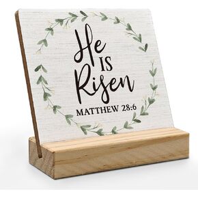 Easter Christian Desk Decor, Christian Bible Verse Easter Wood Plaque, Christian Religious Quotes He is Risen Matthew 28:6 Wooden Plaque Sign with Wood Stand for Home Office Decor in Kuwait