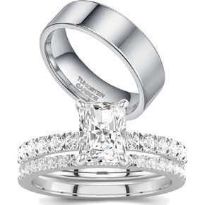 1CT Square CZ Wedding Ring Set for Women & Men Yellow Gold Plated Bridal Couple Rings Tungsten Ring Wedding Band in Kuwait