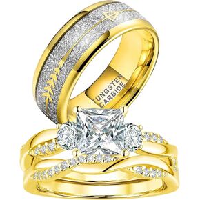 1.5CT CZ Wedding Ring Set for Women & Men Yellow Gold Plated Bridal Couple Rings Tungsten Ring Wedding Band in Kuwait