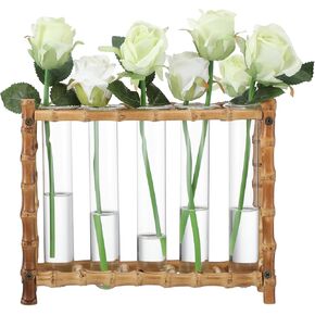 Natural Bamboo Vase with 5 Glass Tubes, Plant Propagation Station with Test Tube, Hydroponic Plants Cutting, Modern Art Decor Floral Display, Rectangular Planter for Home Decor Flower Holder in Kuwait