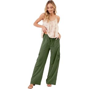 Beautiful Nomad Women's Linen Cargo Pants Casual High Waisted Wide Leg Pant Baggy Trousers with Pockets Green in Kuwait