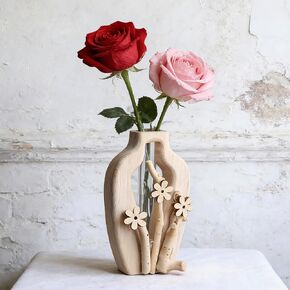 Artistic Wood Glass Vase,Wooden Base Cylindrical Flower Vase,Classic Boho Rustic Style for Fireplace Bedroom Kitchen Living Room Centerpieces Office Desk (Tall Vase) in Kuwait