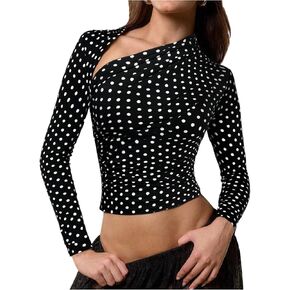 SweatyRocks Women's Polka Dots Asymmetrical Neck Long Sleeve Tees Ruched Slim Fit Going Out Tee Tops in Kuwait