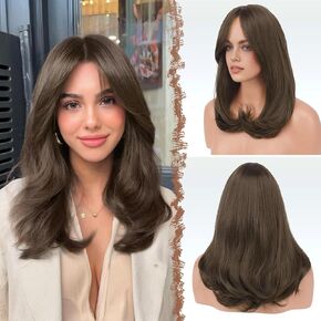 FESHFEN Wigs with Bangs for Women, Synthetic Natural Looking Long Layered Straight Hair Wig for Women Daily Party Costume, 18 inch Brown with Highlights in Saudi Arabia