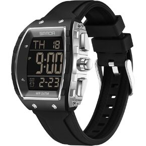 CARLIEN Men's Digital Sports Outdoor Tonneau Watch, 5ATM Waterproof, Square Tactical Silicone Strap Wristwatch, Dual Time Alarm Countdown Stopwatch LED Backlight in Kuwait