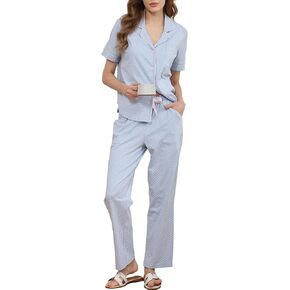 طقم بيجامة نسائي من القطن 100 مكون من قطعتين بياقة مدببة وأكمام قصيرة، ملابس نوم ناعمة، جيب على الصدر in Kuwait