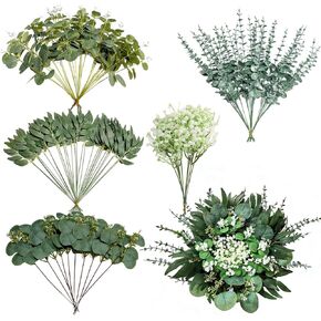 103 Pcs Mixed Artificial Eucalyptus Stems with Baby's Breath, 5 Kinds Faux Greenery Stems Bulk for Wedding DIY Bouquets, Realistic Silk Silver Dollar Eucalyptus Leaves for Vase, Home & Party Decor in Kuwait