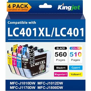 Kingjet Ink LC401XL Ink Cartridges Replacement for Brother LC401 Ink Cartridges LC401 XL LC401XL LC 401 Compatible with Brother Printers MFC-J1010DW MFC-J1170DW MFC-J1012DW MFC-J1800DW (4 Pack) in Kuwait