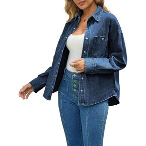 INR Denim Shirt Jacket for Women Oversized Button-Down Utility Coat Drop-Shoulder Sleeve Outers in Kuwait