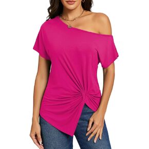 Womens Summer Off Shoulder Tops Sexy Casual Short Sleeve Front Knot Ruched Asymmetrical Shirts Dolman Blouse in Kuwait